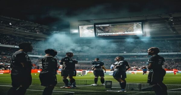 A tense football match scene at night in a packed stadium, focused on a controversial VAR decision showing on the giant screen, with players arguing and referees consulting technology, atmospheric lig