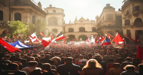 A realistic photo of a political rally in Andalusia, Spain, showing diverse crowd with banners and flags of leftist movements, under bright sunlight with historic architecture in background, atmospher