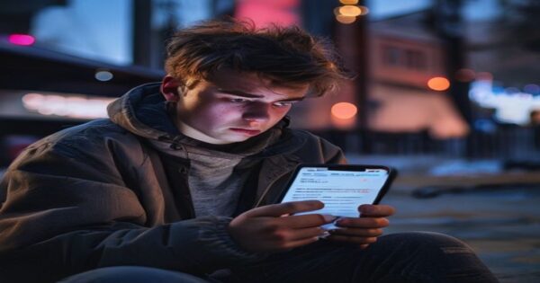 A distressed young person looking at their smartphone screen showing a fake ticket confirmation message, sitting outside a concert venue with visible disappointment, realistic lighting, urban environm