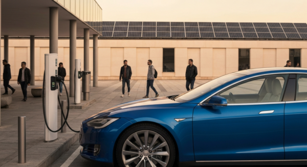 A detailed photorealistic image of a modern electric car charging at a public charging station in a Spanish urban setting, with solar panels visible on nearby buildings, evening light creating reflect