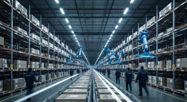 A dystopian warehouse interior with endless shelves stretching into darkness, workers in uniform moving like ants under harsh fluorescent lighting, robotic arms moving packages in the background, conv