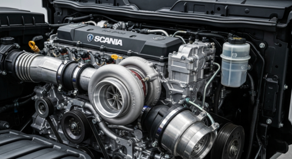 Scania Super 11L: Motor eficiente para transporte sostenible 2 A detailed photorealistic image of a Scania truck engine bay showing the new 11-liter Super engine with visible turbocharger and injection system components, clean metallic surfaces with manufacturer