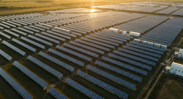 A detailed aerial view of a solar power plant with visible battery storage containers arranged neatly beside solar panels during golden hour, industrial landscape with clean energy infrastructure, rea