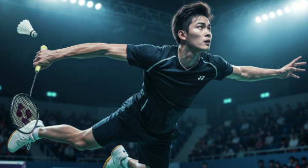 A photorealistic image of a professional badminton player in mid-air during a powerful smash, sweat visible on face, intense concentration, professional sports arena background with spectators blurred