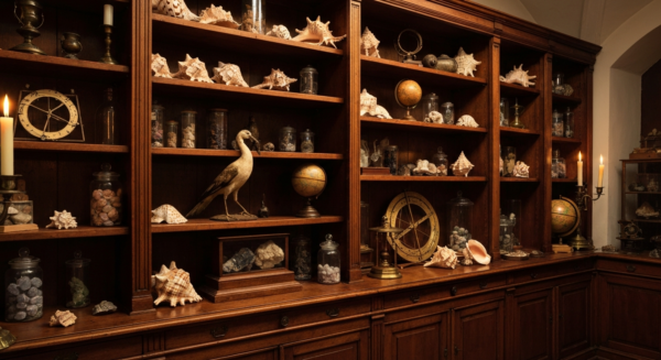 A dimly lit Renaissance cabinet of curiosities with wooden shelves, containing exotic seashells, a stuffed bird, mineral specimens, and antique scientific instruments like an astrolabe and a globe, al