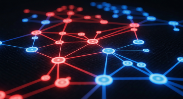A detailed photorealistic image showing blockchain transaction patterns visualized as interconnected glowing nodes on a dark background, with suspicious transaction paths highlighted in red while norm