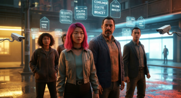 A detailed photorealistic image of diverse people with digital tags floating above their heads, showing categories like 'consumer type', 'political leaning', 'income bracket' in a futuristic urban set