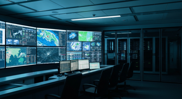 A detailed, photorealistic image of a modern meteorological control room with multiple large screens displaying weather maps, satellite imagery, and data visualizations, empty of people but showing so