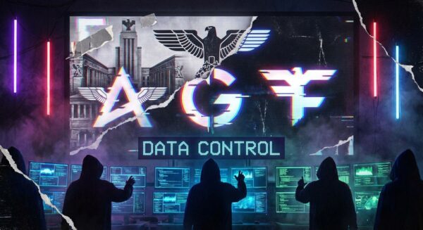 A dystopian digital collage showing historical fascist symbols merging with modern Silicon Valley tech logos, with shadowy figures manipulating data streams on multiple screens, dark atmospheric light