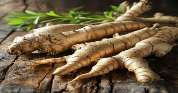 A close-up photorealistic image of fresh turmeric roots and ginger roots arranged on a rustic wooden table, with natural sunlight highlighting their textures and earthy colors, no text or logos visibl