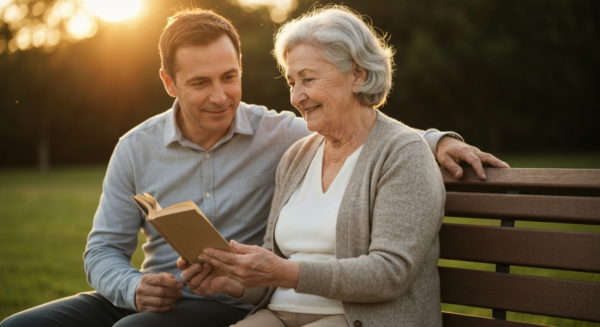 A thoughtful elderly person with Parkinson's disease sitting in a park during golden hour, showing subtle hand tremors while holding a book, with a supportive family member nearby, realistic lighting