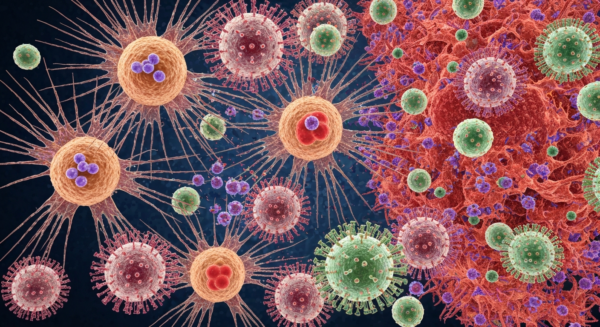 A detailed microscopic view of immune cells attacking virus particles, showing natural defense mechanisms in action, photorealistic style with vibrant colors highlighting biological processes