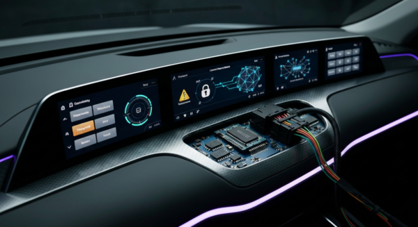 A detailed close-up of a modern car dashboard with multiple digital screens displaying connectivity interfaces, network diagrams, and security warning symbols, with visible electronic components and w