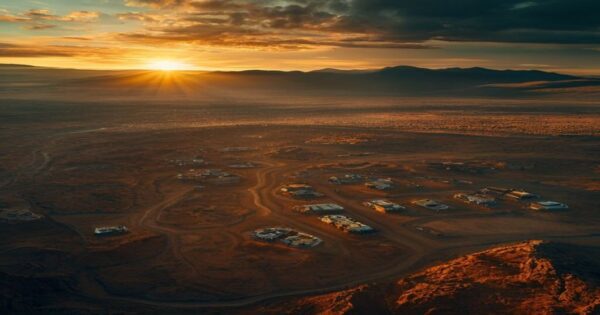 Regularización de dominio: qué es y cómo afecta a la propiedad 2 Aerial view of arid landscape in San Pedro de Atacama region showing contrast between indigenous settlements and modern mining infrastructure, dramatic lighting at sunset, photorealistic