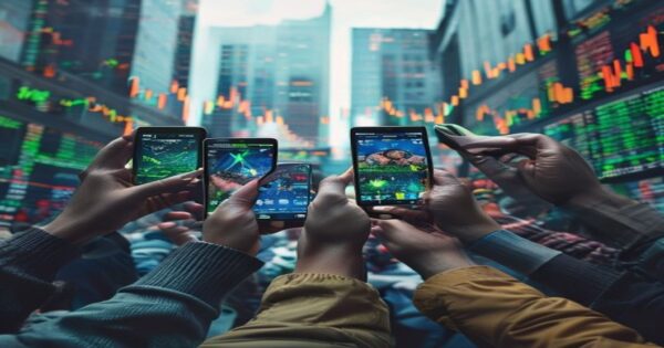 A detailed photorealistic image of diverse working-class hands holding smartphones showing different astrology apps while standing in front of a stock market ticker display, natural lighting, urban ba