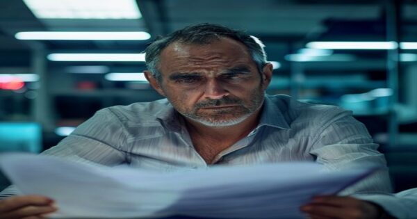 Calvicie en España: causas sociales y económicas más allá de la genética 2 A middle-aged Spanish man looking stressed while working long hours in an office with fluorescent lighting, visible thinning hair and receding hairline, holding documents with tired expression, realis