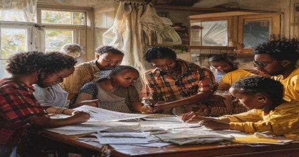 A diverse group of working-class families of different ethnicities gathered around a kitchen table reviewing tax documents together, with children playing in the background, natural morning light comi