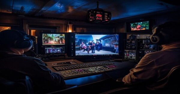 A dramatic television control room at night, multiple screens showing different camera angles of a reality show house, producers watching intently with headsets, dim lighting emphasizing tension and a