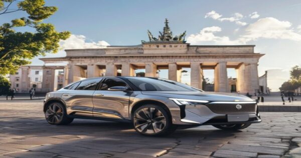 A modern Geely electric vehicle parked in front of iconic European architecture like the Brandenburg Gate in Berlin, showcasing the contrast between Chinese automotive design and traditional European
