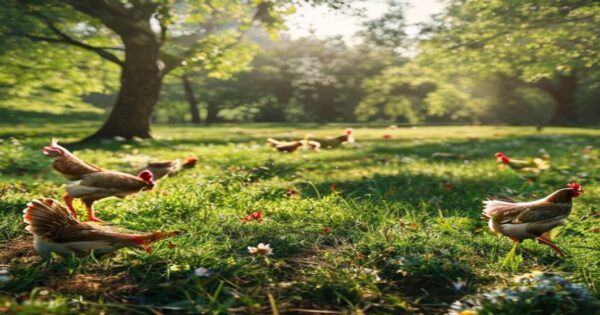 A realistic photo of free-range chickens foraging in a diverse pasture with green grass, wildflowers, and scattered trees under natural sunlight, showing their natural behaviors of pecking and scratch