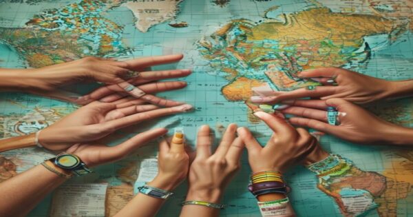 VIH y trasplantes: avances médicos vs desigualdad estructural 2 A detailed photorealistic image of diverse hands holding different medications and medical documents, with some hands showing visible veins and others with medical bracelets, against a background of a