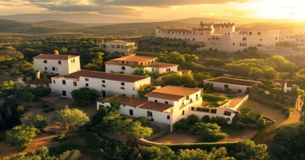 Bertín Osborne: su vida en la finca junto al castillo de Sevilla 2 Aerial view of a traditional Andalusian estate with white buildings, olive groves, and a historic castle in the background, under golden hour sunlight, photorealistic
