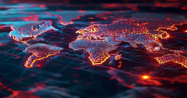 A detailed photorealistic image of a global economic map with animated lines showing trade routes and financial flows between continents, with Middle East region highlighted in red, oil tankers moving