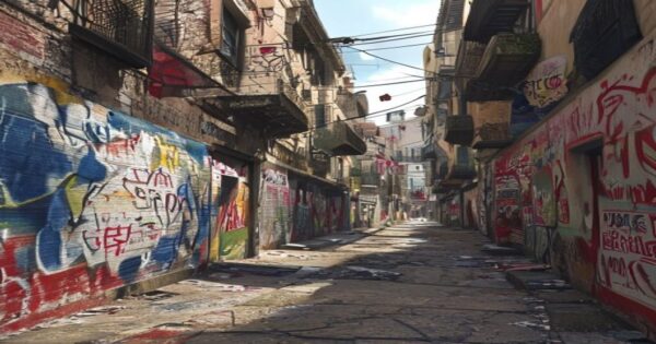 Violencia política en España: análisis del fenómeno 'tiro al facha' 2 A detailed photorealistic image of a Spanish city street with political graffiti on walls, showing torn campaign posters from different political parties, with a tense atmosphere suggesting political