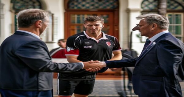 A former handball player in sports attire shaking hands with local politicians in a Canarian municipal building, natural lighting, realistic facial expressions showing transition from sports to politi