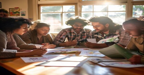 A realistic photo of a diverse group of single parents and individuals looking at housing documents together at a community center table, with concerned expressions and sunlight filtering through wind
