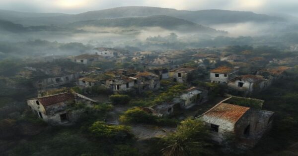 Aldeas en venta en España: inversión rural y despoblación 2 Aerial drone view of an abandoned Spanish village in Galicia, stone houses with collapsed roofs, overgrown vegetation reclaiming the streets, misty morning light, rural landscape with mountains in bac