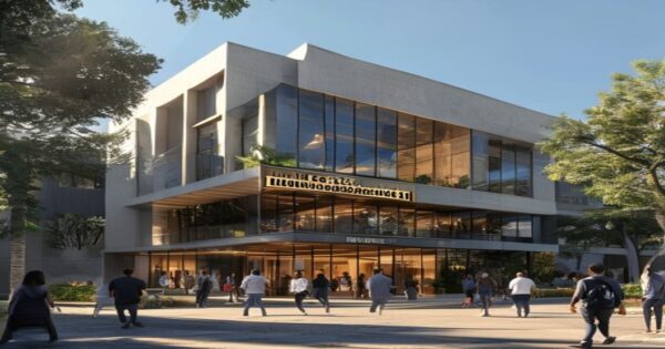 A photorealistic image of a modern government building with a sign reading 'Fiscalía General del Estado' in Spanish, located in a Mexican urban setting, with people entering and exiting, under clear