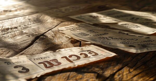 A close-up photograph of wrinkled lottery tickets scattered on a wooden table, with one ticket prominently showing the numbers 5, 12, 23, 34, 41, 49 and the reintegro 7, morning light casting soft sha
