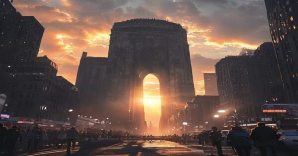 A dramatic wide-angle photograph of a massive monumental arch structure dominating an urban skyline at sunset, casting long shadows over surrounding buildings, with people looking up at it from street
