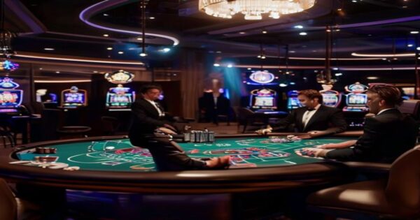 A professional live casino studio with multiple gaming tables, featuring human dealers in formal attire interacting with digital interfaces, soft lighting creating an elegant atmosphere, high-tech cam