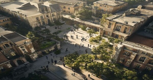 Aerial view of a large public university campus with historic buildings showing signs of deterioration, cracked sidewalks, and students walking between classes, afternoon light casting long shadows, r