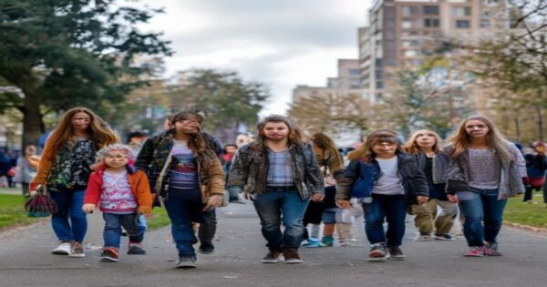 A diverse group of parents with children of different ages walking together in a city park during daytime, showing tired but determined expressions, with visible economic strain in their clothing and