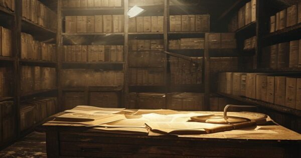 A dimly lit archive room with rows of metal shelves containing old document boxes, dust particles visible in the air, a single desk lamp illuminating a table with scattered historical papers and a mag