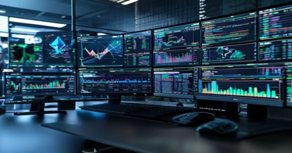 A detailed photorealistic image of a cryptocurrency trading dashboard showing large ETH sell orders and USD conversions, with multiple monitors displaying real-time market data and blockchain analytic