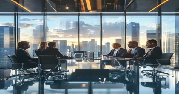 A modern law firm conference room with diverse professionals in business attire discussing around a glass table, city skyline visible through floor-to-ceiling windows, natural lighting, realistic deta