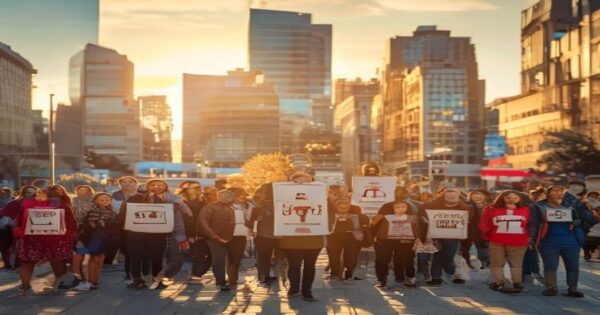 A diverse group of people of different ages and ethnicities gathered in a public square, holding signs with democratic symbols like voting ballots and scales of justice, with modern city architecture
