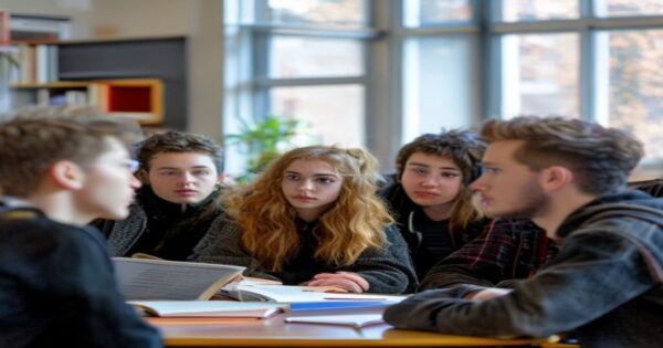 A diverse group of young men and women having a serious discussion in a university classroom, natural lighting, realistic expressions of engagement and disagreement, books and laptops on tables, moder