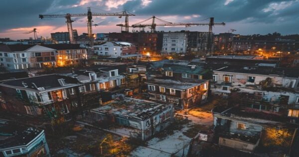 Aerial view of a gentrifying neighborhood showing renovated luxury houses next to dilapidated buildings, with construction cranes in the background, dramatic evening lighting highlighting contrasts