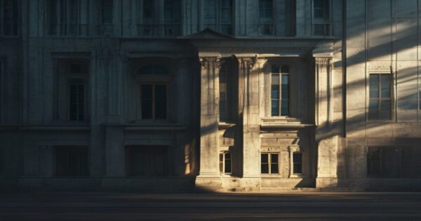 A photorealistic image of a government building facade with shadows falling across it, suggesting hidden activities, shot at dusk with dramatic lighting, no people visible, architectural details sharp