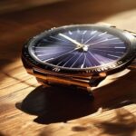 A close-up of a sophisticated solar-powered watch on a wooden surface, sunlight streaming through a window illuminating the solar panel beneath the watch face, showing intricate details of the craftsm