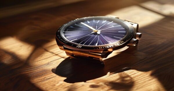 A close-up of a sophisticated solar-powered watch on a wooden surface, sunlight streaming through a window illuminating the solar panel beneath the watch face, showing intricate details of the craftsm