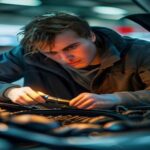 A detailed photo of a person inspecting a used car at a dealership, checking under the hood with a flashlight, focusing on the engine details and the buyer's concentrated expression, natural daylight,