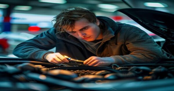 A detailed photo of a person inspecting a used car at a dealership, checking under the hood with a flashlight, focusing on the engine details and the buyer's concentrated expression, natural daylight,