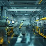 A detailed photorealistic image of a cleanroom in a Chinese semiconductor factory, showing technicians in protective suits working with advanced chip manufacturing equipment under bright yellow lighti
