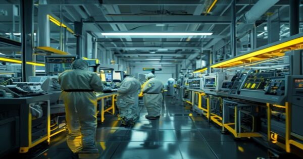 A detailed photorealistic image of a cleanroom in a Chinese semiconductor factory, showing technicians in protective suits working with advanced chip manufacturing equipment under bright yellow lighti